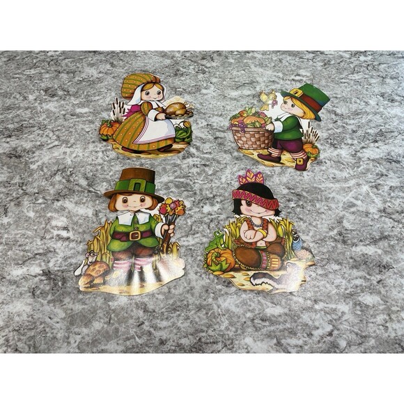 Lot Of Vintage 4 Thanksgiving Die Cut Cutouts Children Native Pilgrim Turkey - Picture 1 of 9